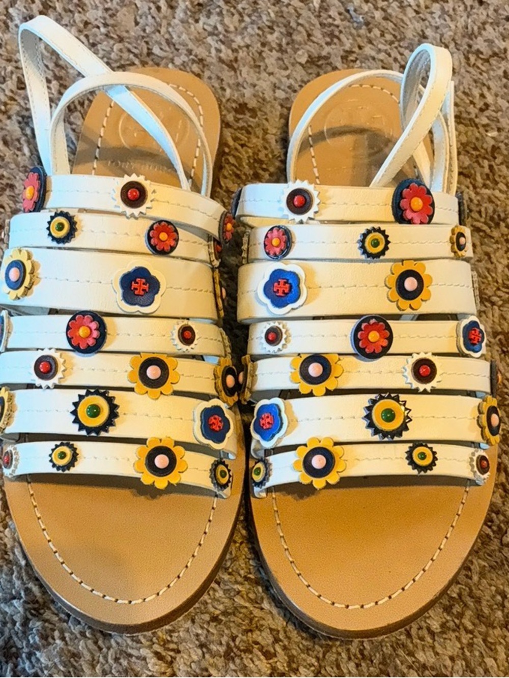 Tory Burch White Leather Flower-Embellished Sandals (Marguerite) size 7 1/2